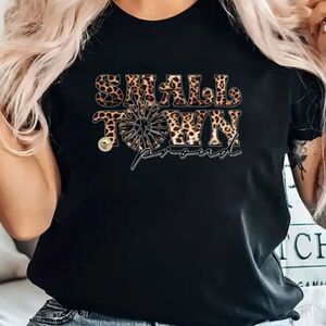 NEW! Trendy SMALL TOWN PROUD Black T Shirt Leopard Print Letters Windmill